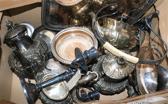 Plated 4-pce tea and coffee set, plated 3-pce teaset, a large tray, sundry plate, pewter tureen, etc(-)
